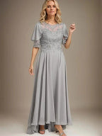 A-line Scoop Illusion Asymmetrical Chiffon Lace Mother of the Bride Dress With Beading by Dreamylily