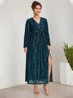 A-Line V-Neck Long Sleeves Velvet Tea-Length Mother of the Bride Dress With Split by Dreamylily