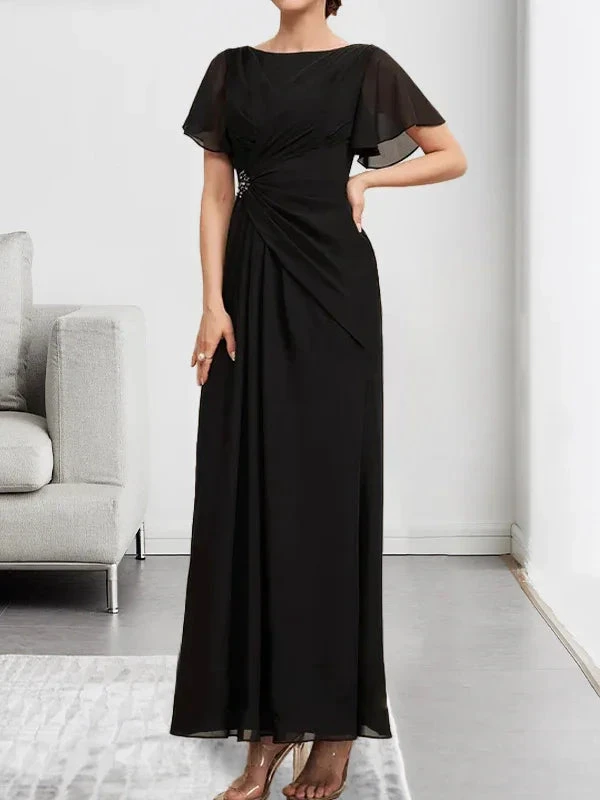 A-line Scoop Ankle-Length Chiffon Mother of the Bride Dress With Beading Pleated by Dreamylily