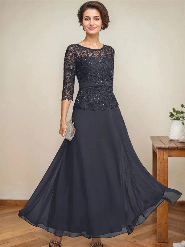 A-line Scoop Illusion Ankle-Length Chiffon Lace Mother of the Bride Dress With Rhinestone Beading by Dreamylily
