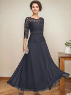 A-line Scoop Illusion Ankle-Length Chiffon Lace Mother of the Bride Dress With Rhinestone Beading by Dreamylily