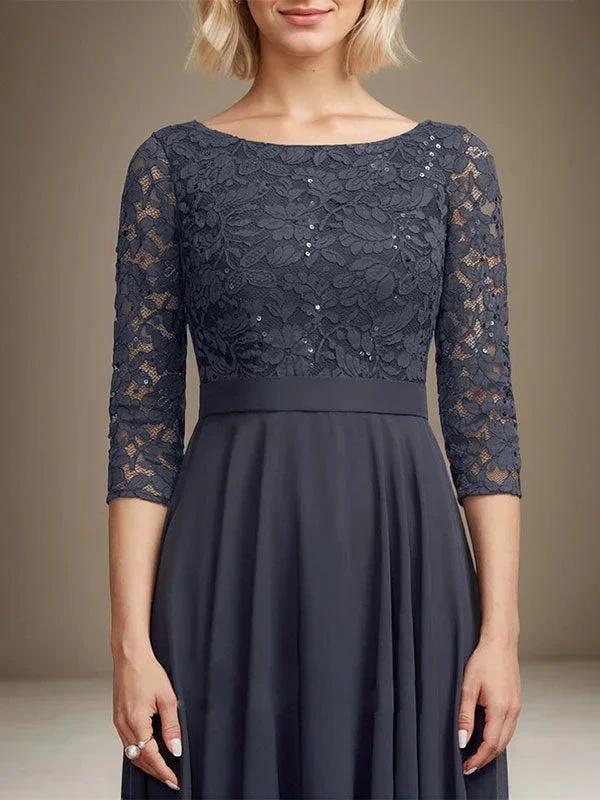 A-line Scoop Tea-Length Lace Chiffon Mother of the Bride Dress With Sequins by Dreamylily