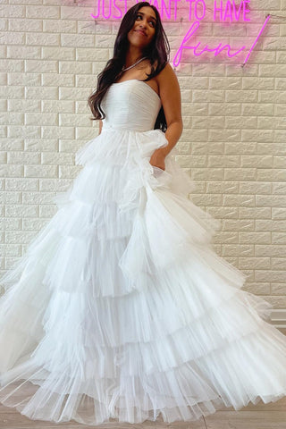 Daleyza | Vestido de fiesta de tul escalonado, sin tirantes y con volantes, corte A