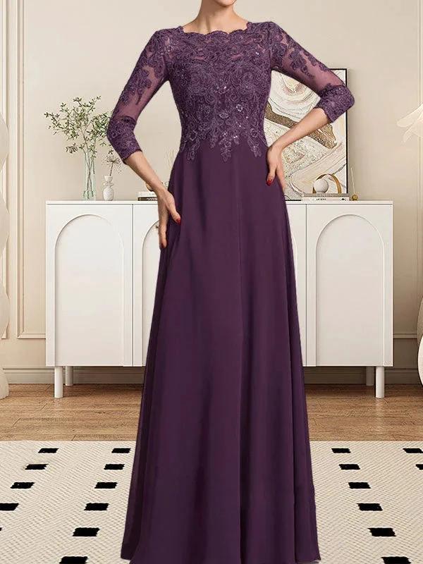 A-line Scoop Floor-Length Lace Chiffon Mother of the Bride Dress With Sequins by Dreamylily