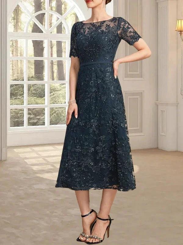 A-line Scoop Illusion Tea-Length Lace Mother of the Bride Dress With Sequins by Dreamylily