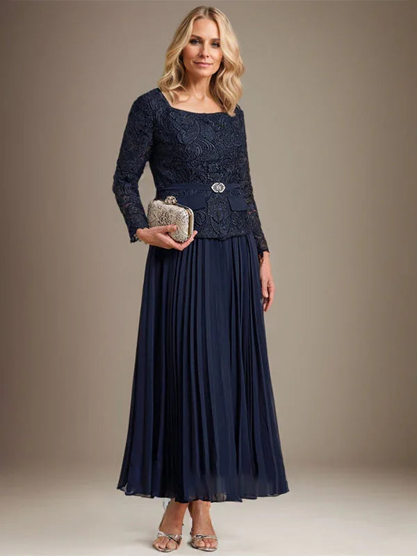 Vestido de gasa para madre de la novia con corte A, cuadrado, largo hasta los tobillos, con pliegues 