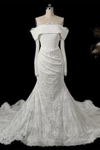 White Long Sleeve Corset Mermaid Bridal Gown with Cathedral Train SW674