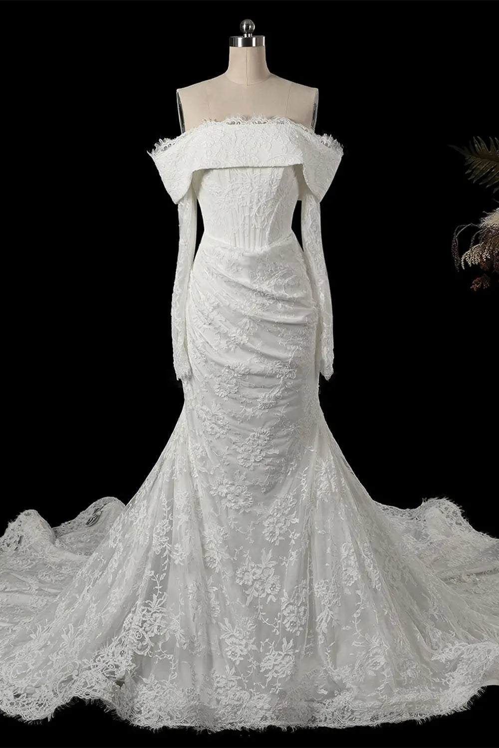 White Long Sleeve Corset Mermaid Bridal Gown with Cathedral Train SW674