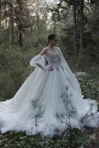 White Draped Pearl Tulle Ball Gown Bridal Dress with Puff Sleeves SW663