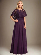A-line Boat Neck Floor-Length Lace Chiffon Mother of the Bride Dress With Applique Sequins by Dreamylily