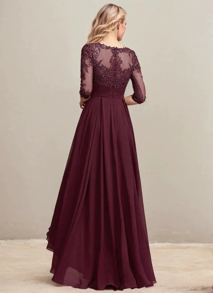 A-line Scoop Illusion Asymmetrical Lace Chiffon Mother of the Bride Dress With Pleated Sequins by Dreamylily