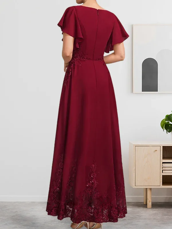 A-Linie U-Ausschnitt Knöchellang Spitzen-Chiffon-Kleid für die Brautmutter mit Pailletten