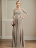 A-line Scoop Illusion Floor-Length Lace Chiffon Mother of the Bride Dress With Sequins by Dreamylily