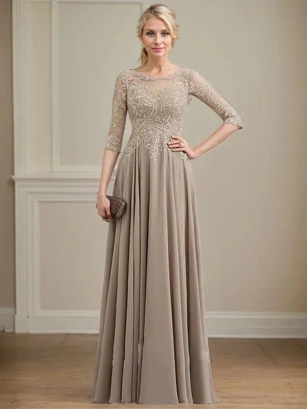 A-line Scoop Illusion Floor-Length Lace Chiffon Mother of the Bride Dress With Sequins by Dreamylily