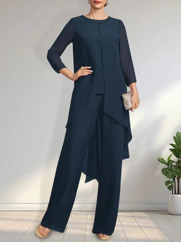 Separates Jumpsuit/Pantsuit Scoop Floor-Length Chiffon Mother of the Bride Dress With Sequins Beading by Dreamylily