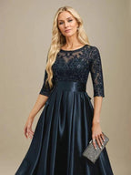A-line Scoop Illusion Floor-Length Stretch Satin Lace Mother of the Bride Dress With Bow Sequins by Dreamylily