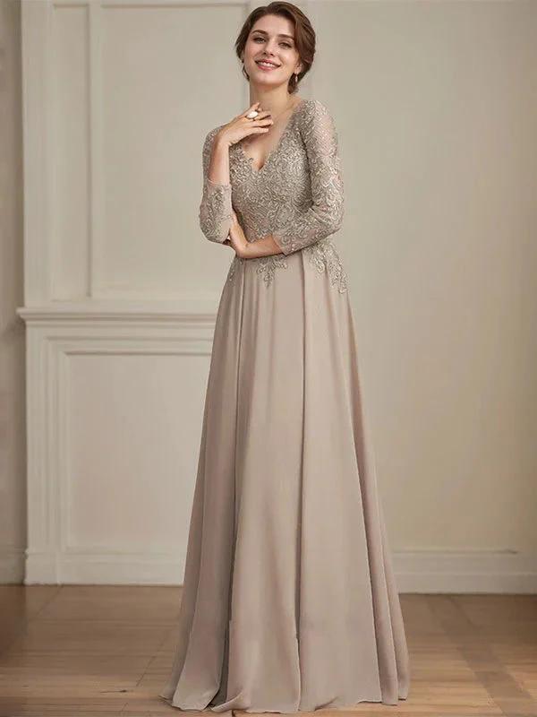 A-line V-Neck Floor-Length Lace Chiffon Mother of the Bride Dress With Sequins by Dreamylily