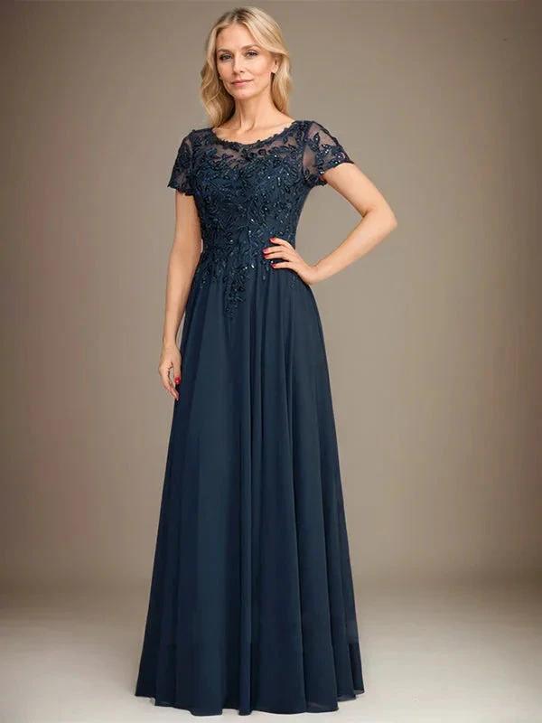 A-Line Scoop Floor-Length Chiffon Mother of the Bride Dress With Applique & Sequins by Dreamylily