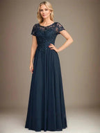 A-Line Scoop Floor-Length Chiffon Mother of the Bride Dress With Applique & Sequins by Dreamylily