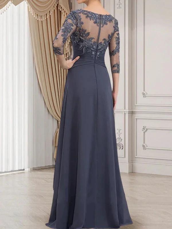 A-line Scoop Illusion Floor-Length Lace Chiffon Mother of the Bride Dress With Cascading Ruffles by Dreamylily