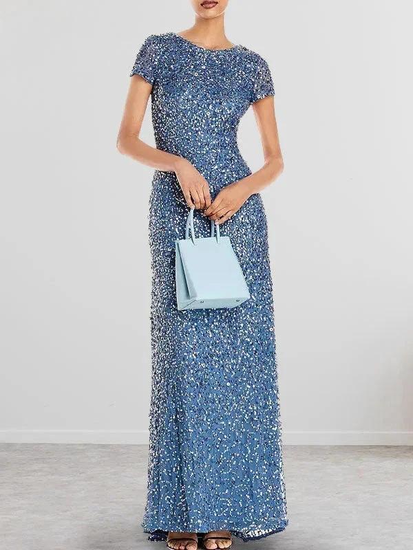 Dusty Blue Sequins Sheath Scoop Long Mother of the Bride Dress by Dreamylily