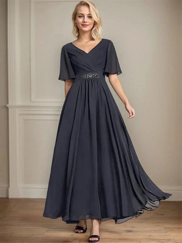 A-line V-Neck Ankle-Length Chiffon Mother of the Bride Dress With Pleated Beading Sequins by Dreamylily