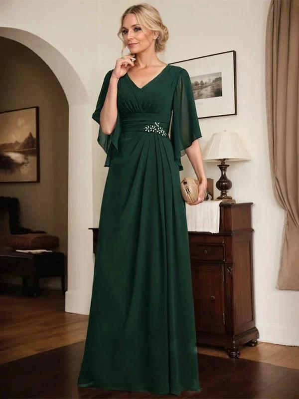 Sheath/Column V-Neck Floor-Length Chiffon Mother of the Bride Dress With Pleated Sequins Beading by Dreamylily