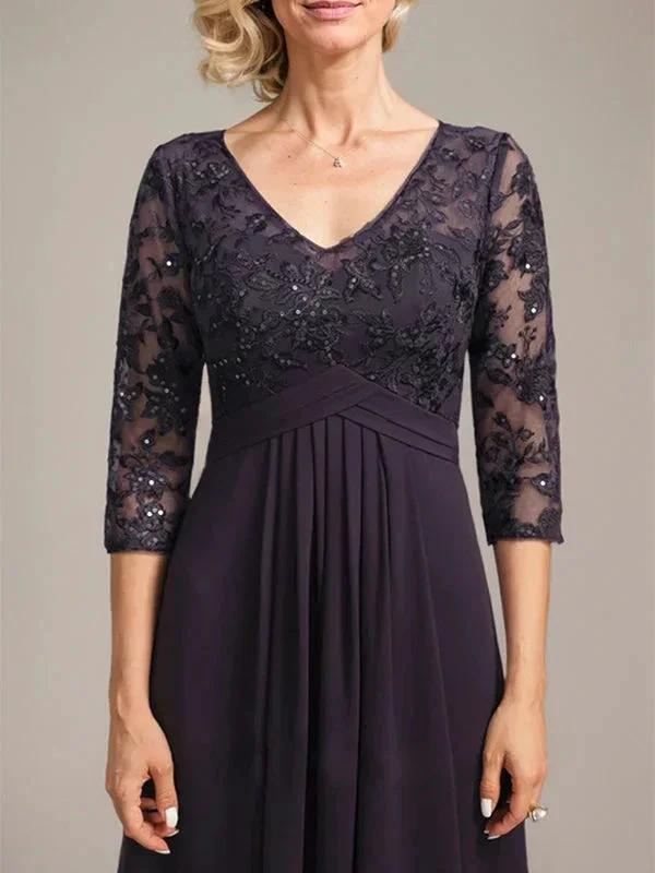 A-line V-Neck Floor-Length Lace Chiffon Mother of the Bride Dress With Cascading Ruffles Sequins by Dreamylily