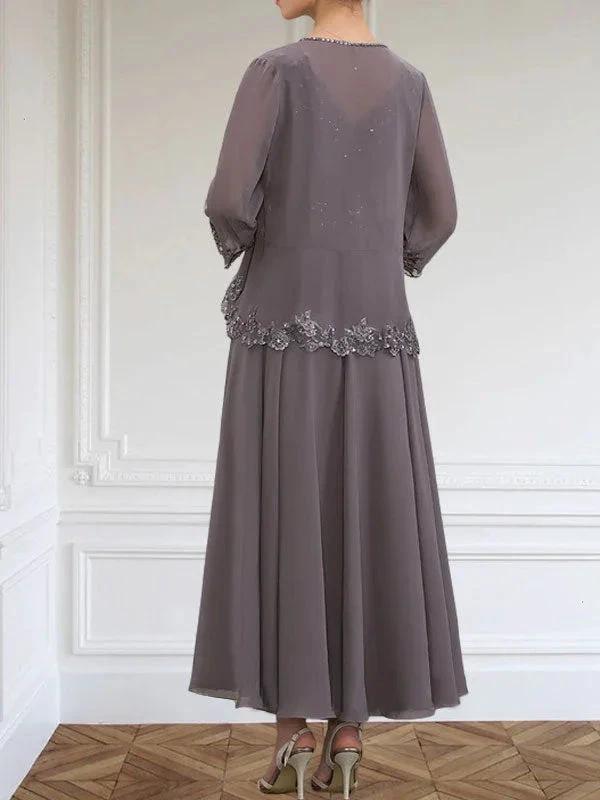 A-line V-Neck Ankle-Length Chiffon Mother of the Bride Dress With Sequins Appliques Lace Beading by Dreamylily