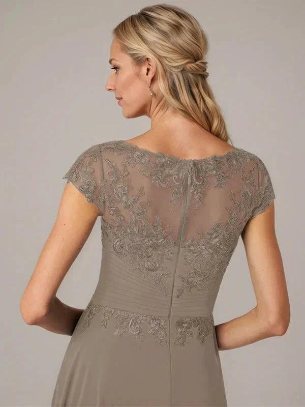 A-line Boat Neck Illusion Asymmetrical Chiffon Lace Mother of the Bride Dress With Applique Pleats by Dreamylily