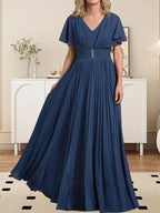 A-line V-Neck Floor-Length Chiffon Mother of the Bride Dress With Crystal Brooch Pleated by Dreamylily