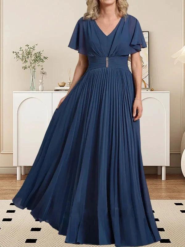 A-line V-Neck Floor-Length Chiffon Mother of the Bride Dress With Crystal Brooch Pleated by Dreamylily