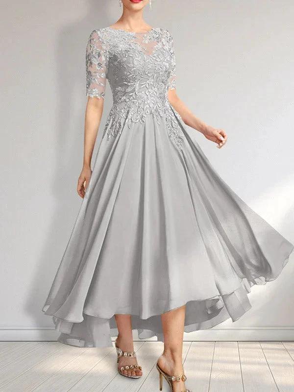 A-line Scoop Illusion Asymmetrical Chiffon Lace Mother of the Bride Dress With Sequins by Dreamylily