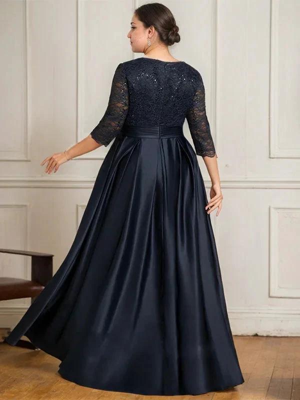 A-line V-Neck Floor-Length Satin Lace Mother of the Bride Dress With Sequins Bow by Dreamylily