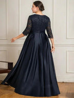 A-line V-Neck Floor-Length Satin Lace Mother of the Bride Dress With Sequins Bow by Dreamylily