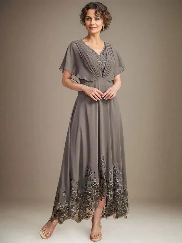 A-line V-Neck Asymmetrical Lace Chiffon Mother of the Bride Dress With Pleated by Dreamylily