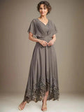 A-line V-Neck Asymmetrical Lace Chiffon Mother of the Bride Dress With Pleated by Dreamylily