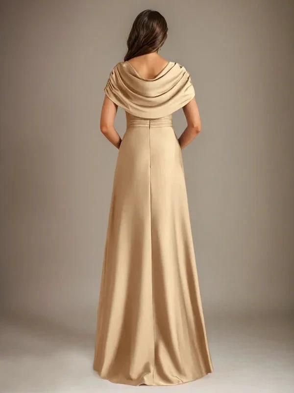 A-Line Scoop Floor-Length Stretch Satin Mother of the Bride Dress With Cascading Ruffles by Dreamylily