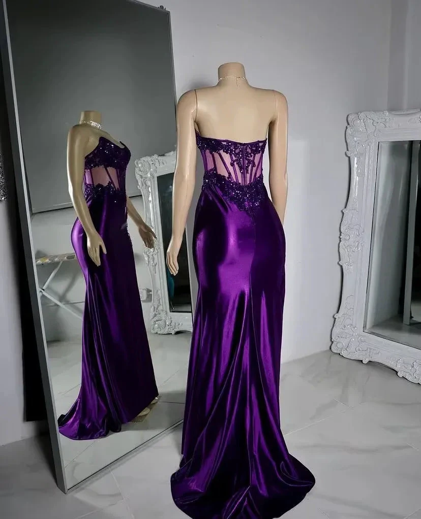 Purple Strapless Satin Lace Appliques Prom Party Dress Mermaid Sexy Split Evening Dress Y8121 by simplepromdress