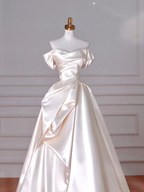 Classy Off The Shoulder Satin Pleated A Line Prom Evening Dress,White Wedding Dress Y8633 by simplepromdress
