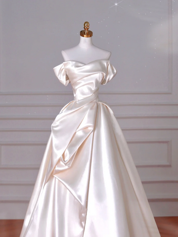 Vestido de noche elegante de satén plisado con hombros descubiertos, corte A, para graduación, vestido de novia blanco Y8633