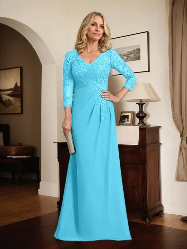 Sheath/Column V-Neck Illusion Floor-Length Lace Chiffon Mother of the Bride Dress With Pleated Sequins by Dreamylily