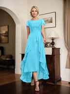 A-line Scoop Illusion Asymmetrical Chiffon Lace Mother of the Bride Dress With Bow Ruffle Sequins by Dreamylily