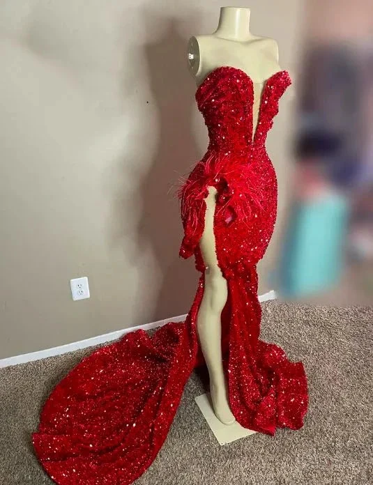 Sparkly Sequined Red Sweetheart Long Prom Dress For Black Girls Feathers Birthday Party Gowns High Slit Evening Gown Y6599 by simplepromdress
