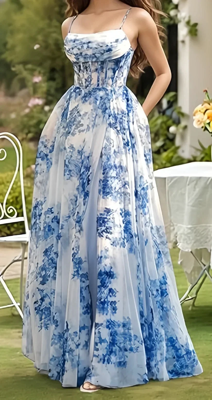 Glam Blue Chiffon Print Floral Slit Prom Dress Spaghetti Straps Evening Gown Y8277 by simplepromdress