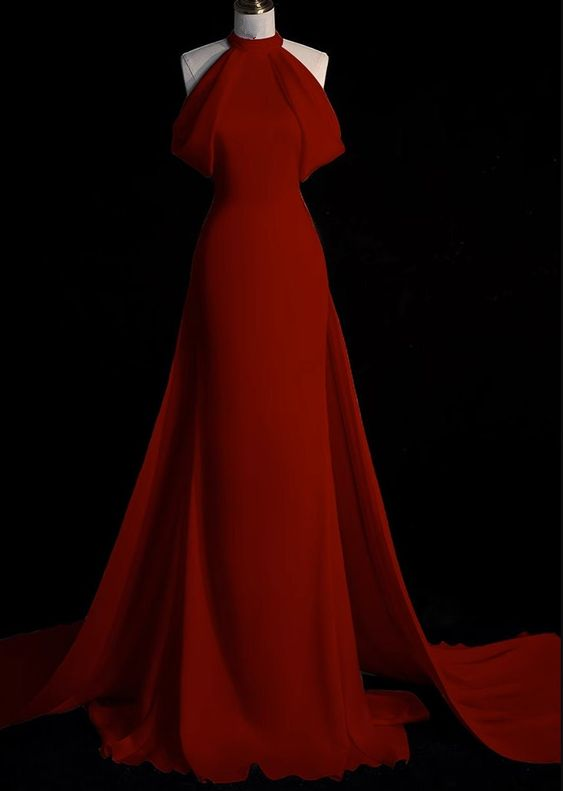 Charming Burgundy Halter Neck Mermaid Evening Dress With Trail Y6987 Hover Image