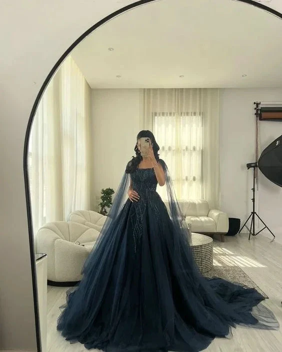 Navy Blue Glitter Square Neck Tulle Long Sleeves Luxury Ball Gown Y4883 by simplepromdress