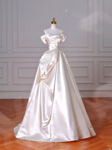 Vestido de noche elegante de satén plisado con hombros descubiertos, corte A, para graduación, vestido de novia blanco Y8633
