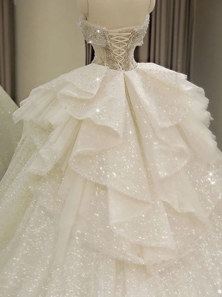 Vestidos de novia con hombros descubiertos, vestido de princesa con cola larga, vestido de novia blanco sin espalda Y6868