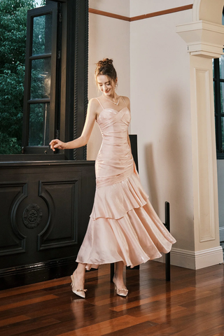 Sweet Pink Sweetheart Straps Mermaid Evening Dress Satin Long Prom Dress Y8092
